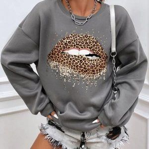 Pullover Leopard Mouth Print Oversized Sweatshirt Casual TOP Gray
